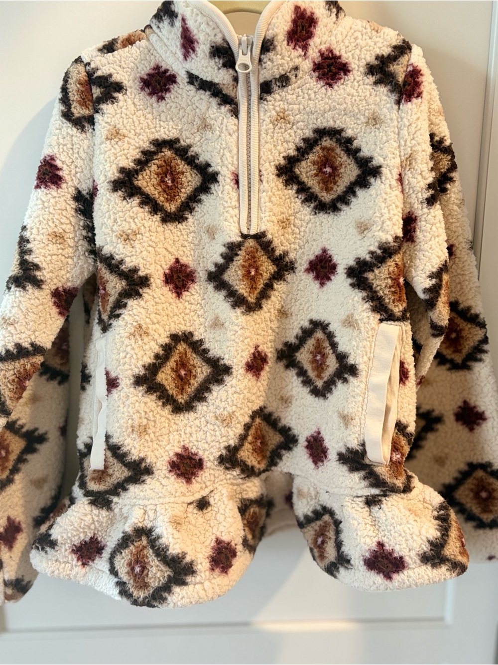 Gymboree Cream Sherpa Pullover with Brown & Burgundy Diamond Print